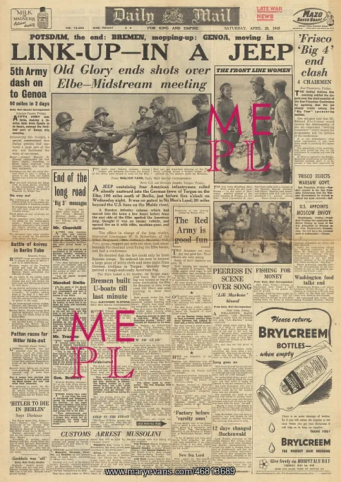 : Daily Mail front page US and Soviet forces link up on Elbe : Daily Mail front page US and Soviet forces link up on Elbe