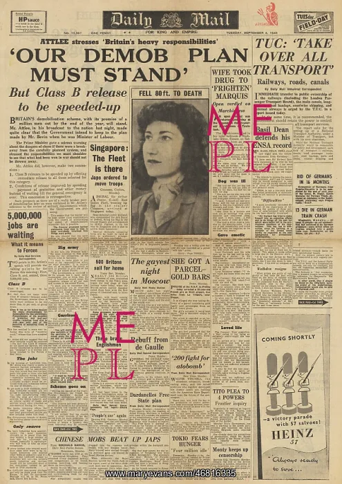 : Daily Mail front page Speed up of demobilisation : Daily Mail front page Speed up of demobilisation