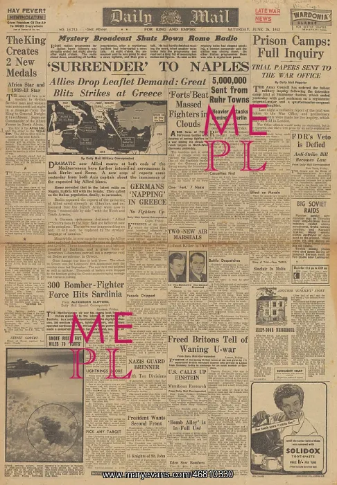 : Daily Mail front page Surrender leaflets dropped on Naples : Daily Mail front page Surrender leaflets dropped on Naples