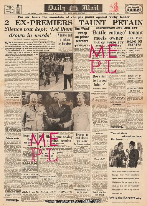 : Daily Mail front page Trial of Marshal Petain : Daily Mail front page Trial of Marshal Petain