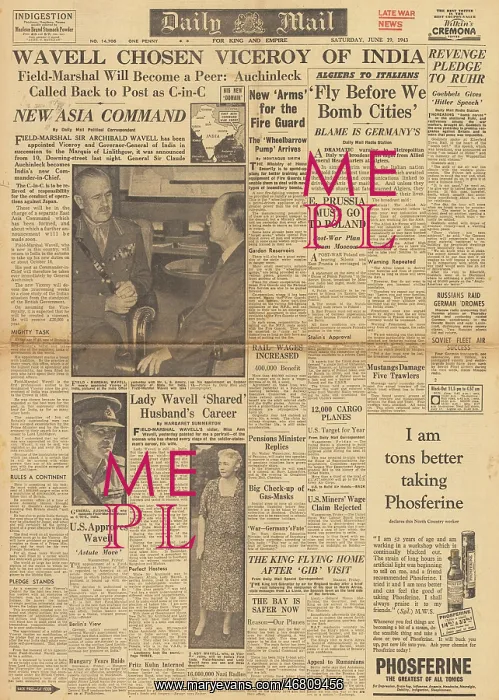 : Daily Mail front page Wavell becomes Viceroy of India : Daily Mail front page Wavell becomes Viceroy of India