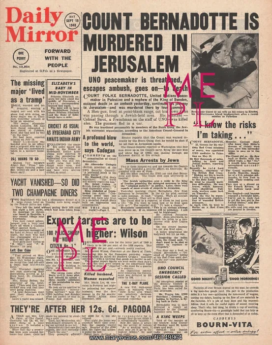 : Daily Mirror newspaper - assassination of Count Bernadotte : Daily Mirror newspaper - assassination of Count Bernadotte