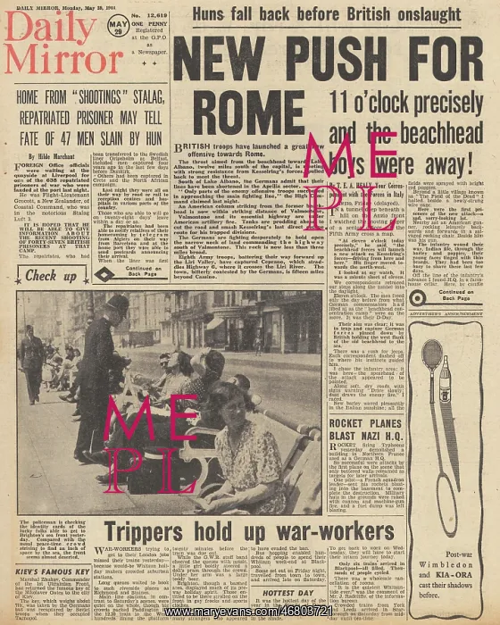 : Daily Mirror front page Allies advance towards Rome : Daily Mirror front page Allies advance towards Rome