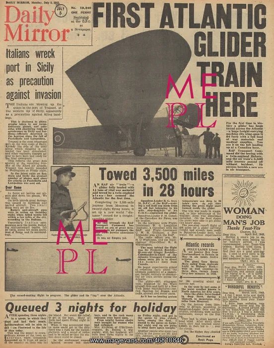  : Daily Mirror front page Atlantic glider lands at Prestwick