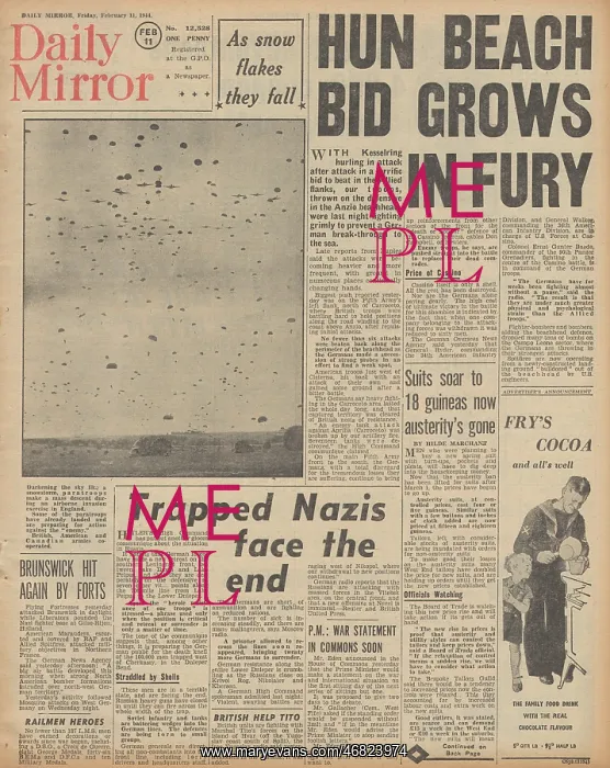 : Daily Mirror front page Battle for Anzio beachhead : Daily Mirror front page Battle for Anzio beachhead