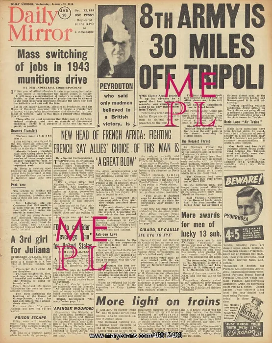 : Daily Mirror front page Eigth Army advance on Tripoli : Daily Mirror front page Eigth Army advance on Tripoli