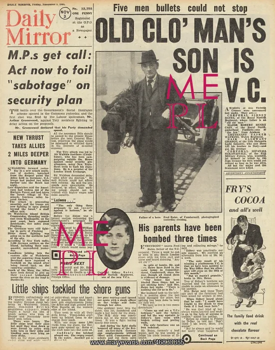 : Daily Mirror front page Fred Bates awarded the VC : Daily Mirror front page Fred Bates awarded the VC