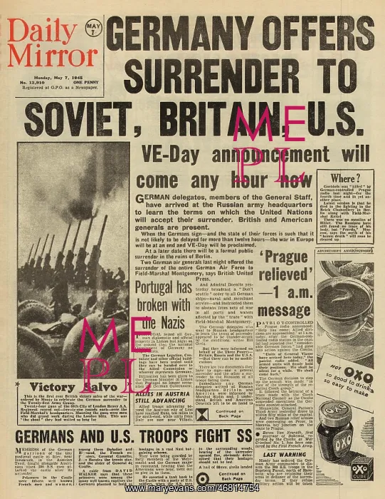 : Daily Mirror front page Germany to surrender : Daily Mirror front page Germany to surrender