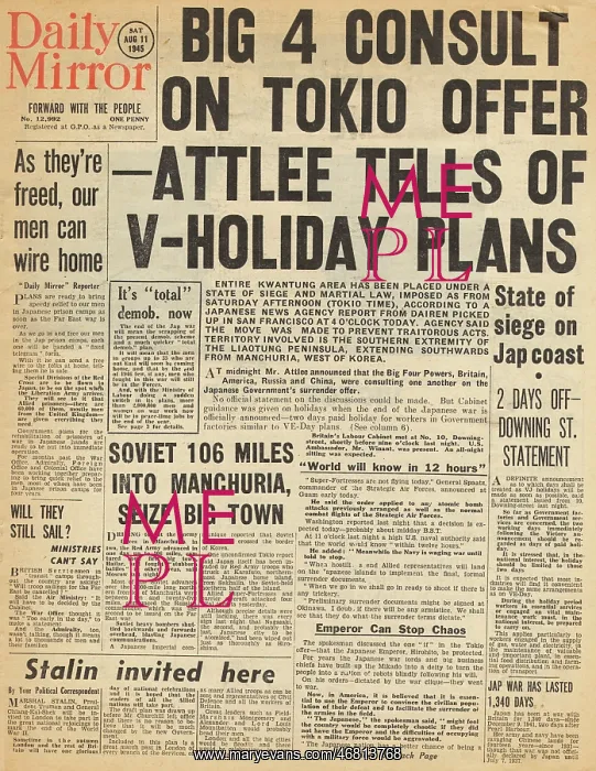  : Daily Mirror front page Japan offer to surrender
