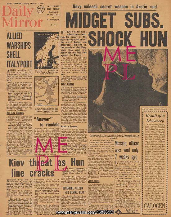 : Daily Mirror front page Midget submarines attack Tirpitz : Daily Mirror front page Midget submarines attack Tirpitz