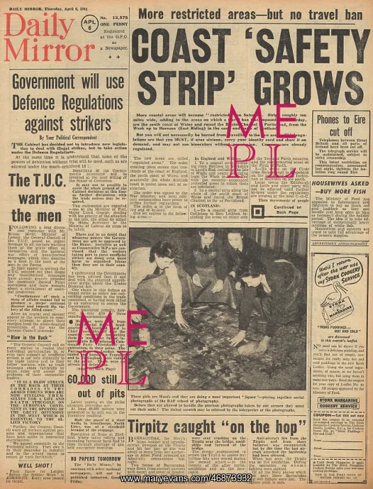 : Daily Mirror front page RAF bomb the Tirpitz : Daily Mirror front page RAF bomb the Tirpitz