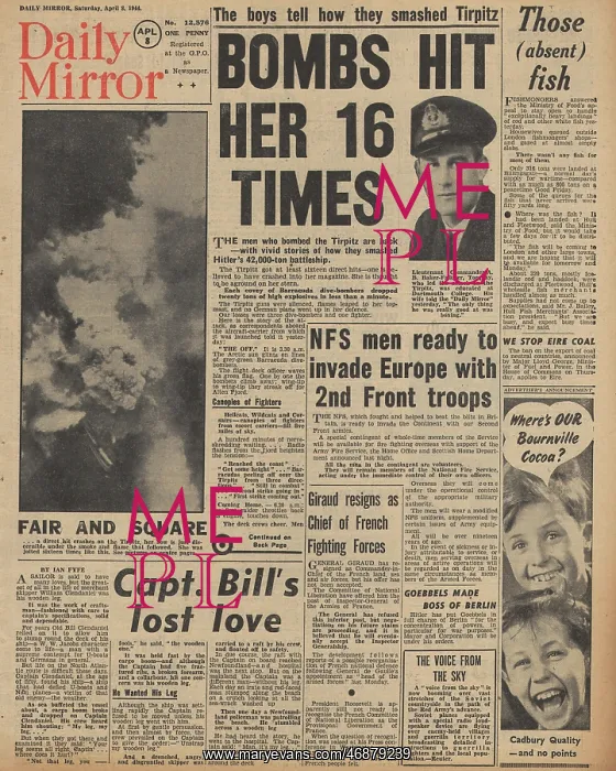 : Daily Mirror front page RAF bomb the Tirpitz : Daily Mirror front page RAF bomb the Tirpitz