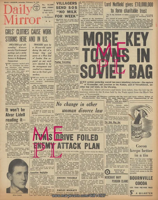: Daily Mirror front page Red Army advance on Eastern Front : Daily Mirror front page Red Army advance on Eastern Front