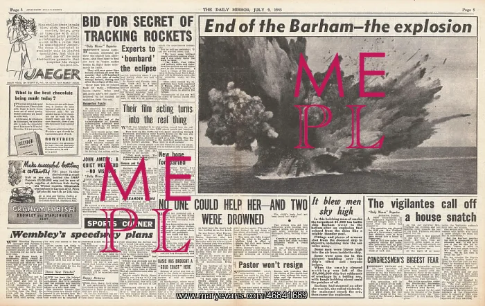 : Daily Mirror front page sinking of HMS Barham in 1941 : Daily Mirror front page sinking of HMS Barham in 1941