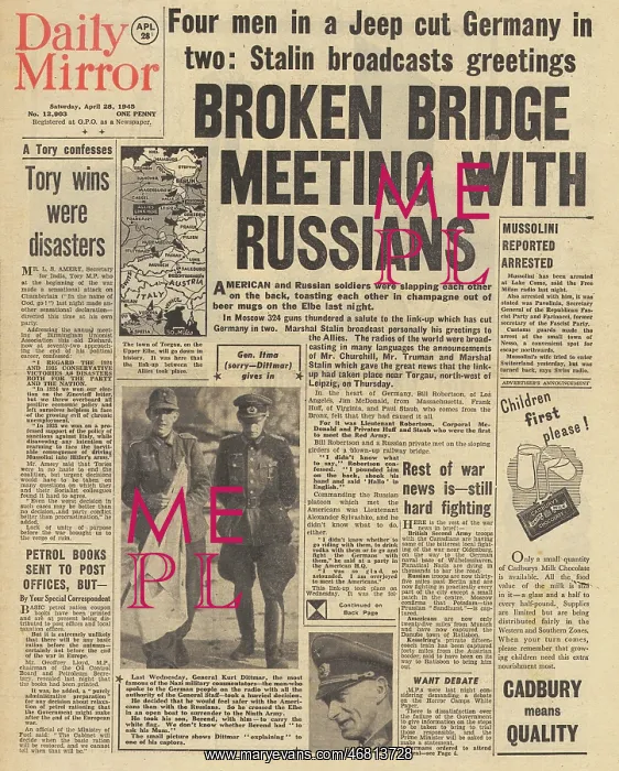 : Daily Mirror front page US and Soviet forces link up on Elbe : Daily Mirror front page US and Soviet forces link up on Elbe
