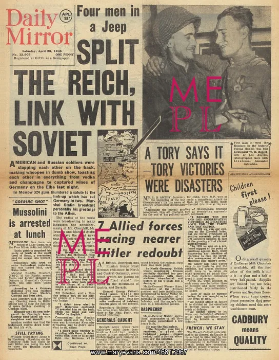 : Daily Mirror front page US and Soviet forces link up on Elbe : Daily Mirror front page US and Soviet forces link up on Elbe