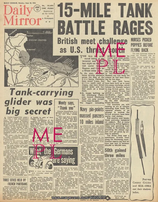 : Daily Mirror front page Tank battle in Normandy : Daily Mirror front page Tank battle in Normandy