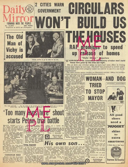 : Daily Mirror front page Trial of Marshal Petain : Daily Mirror front page Trial of Marshal Petain