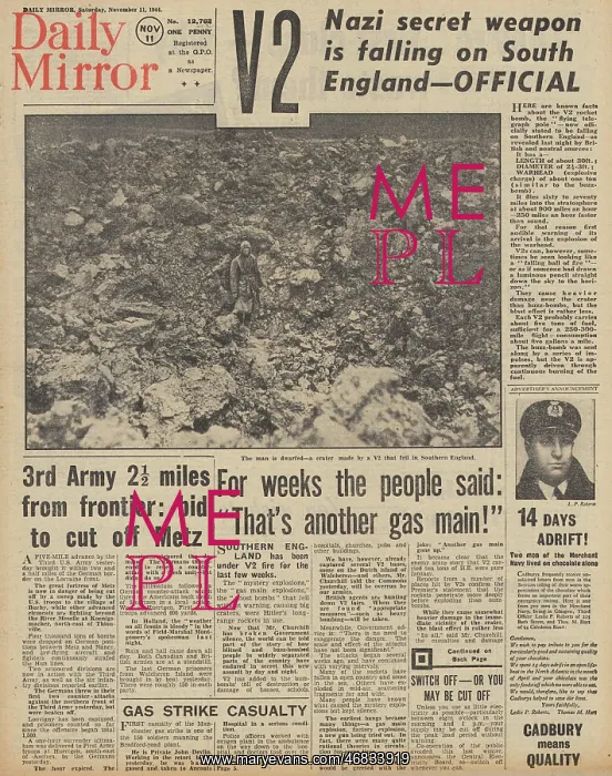 : Daily Mirror front page V2 rocket attacks on Britain : Daily Mirror front page V2 rocket attacks on Britain