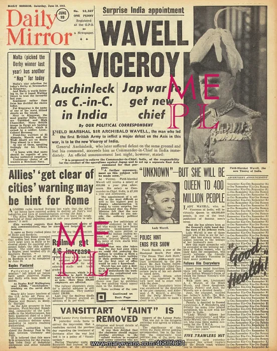 : Daily Mirror front page Wavell becomes Viceroy of India : Daily Mirror front page Wavell becomes Viceroy of India