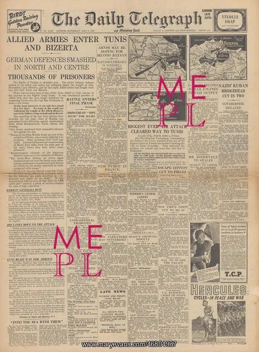 : The Daily Telegraph - Allies capture Tunis & Bizerte : The Daily Telegraph - Allies capture Tunis & Bizerte