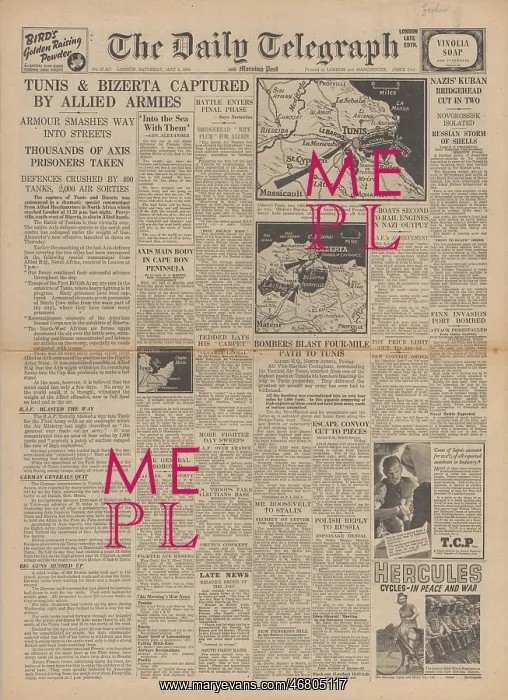 : The Daily Telegraph - Allies capture Tunis & Bizerte : The Daily Telegraph - Allies capture Tunis & Bizerte