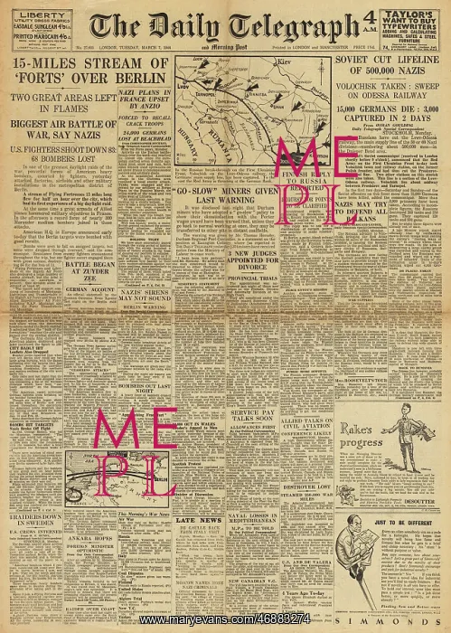 : The Daily Telegraph front page Allied bombers attack Berlin : The Daily Telegraph front page Allied bombers attack Berlin
