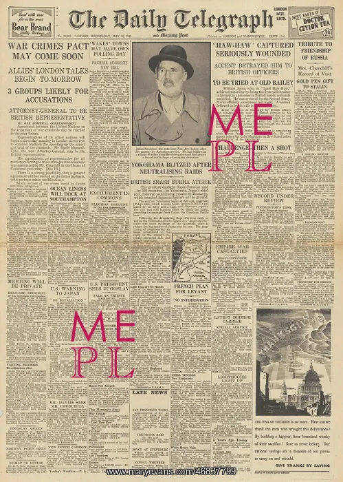 : The Daily Telegraph front page Arrest of Lord Haw Haw : The Daily Telegraph front page Arrest of Lord Haw Haw