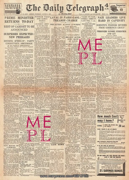 : The Daily Telegraph front page Attlee returns from Potsdam : The Daily Telegraph front page Attlee returns from Potsdam