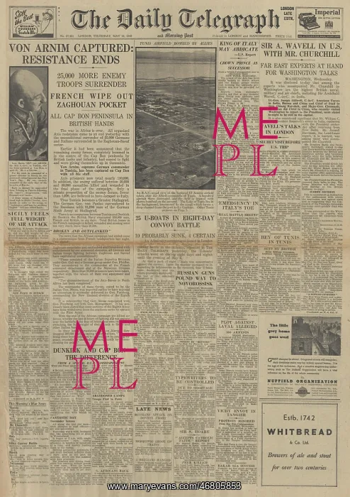 : The Daily Telegraph front page Capture of General von Arnim : The Daily Telegraph front page Capture of General von Arnim