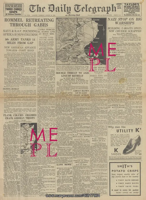 : The Daily Telegraph front page Eighth Army capture Gabes : The Daily Telegraph front page Eighth Army capture Gabes