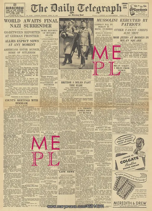 : The Daily Telegraph front page German surrender expected : The Daily Telegraph front page German surrender expected