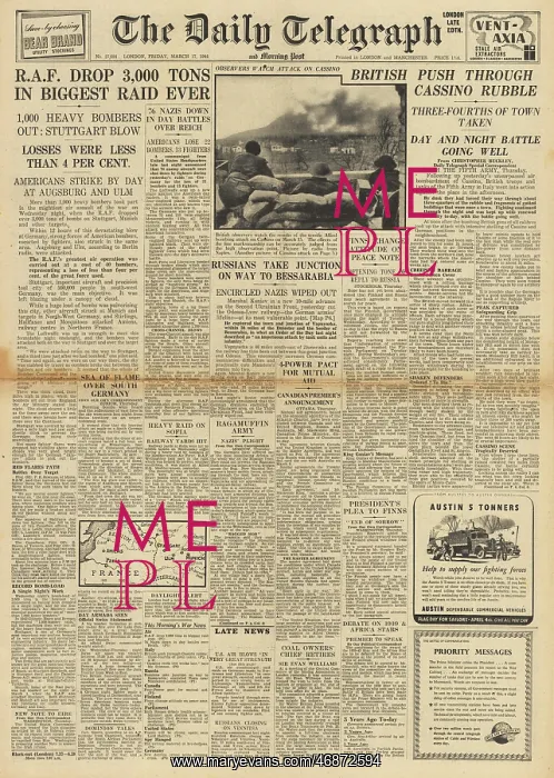 : The Daily Telegraph front page RAF bomb Stuttgart : The Daily Telegraph front page RAF bomb Stuttgart