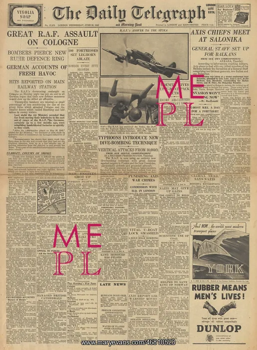 : The Daily Telegraph front page RAF bombing raid on Cologne : The Daily Telegraph front page RAF bombing raid on Cologne