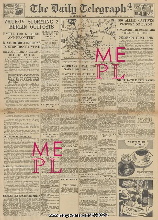 : The Daily Telegraph front page Red Army advance on Oder : The Daily Telegraph front page Red Army advance on Oder