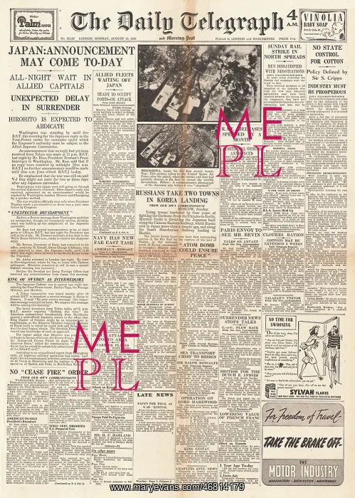 : The Daily Telegraph front page Surrender of Japan expected : The Daily Telegraph front page Surrender of Japan expected