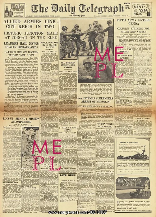 : The Daily Telegraph - US and Soviet forces link up on Elbe : The Daily Telegraph - US and Soviet forces link up on Elbe