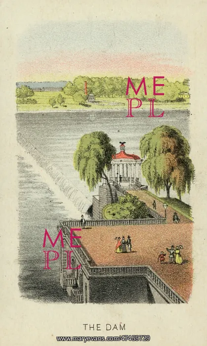 : The dam. Print shows a view of the river, dam, : The dam. Print shows a view of the river, dam,