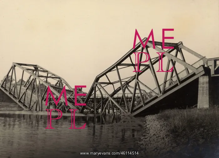 : Damaged bridge on a river crossing : Damaged bridge on a river crossing