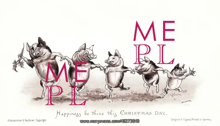 : Five dancing pigs on a Christmas card : Five dancing pigs on a Christmas card