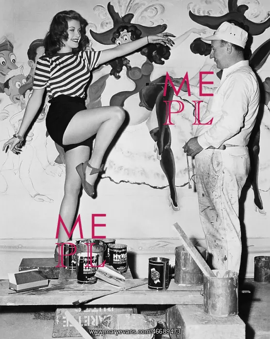 : Dancing woman posing for mural painter : Dancing woman posing for mural painter