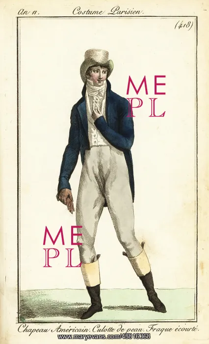 : Dandy in American hat, short-tail frock coat, Paris, 1802 : Dandy in American hat, short-tail frock coat, Paris, 1802