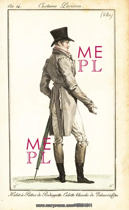 : Dandy in top hat, frock coat, striped breeches, Paris, 1805 : Dandy in top hat, frock coat, striped breeches, Paris, 1805