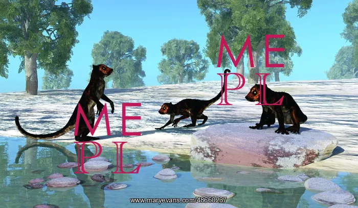 : Darwinius animals playing along a river : Darwinius animals playing along a river