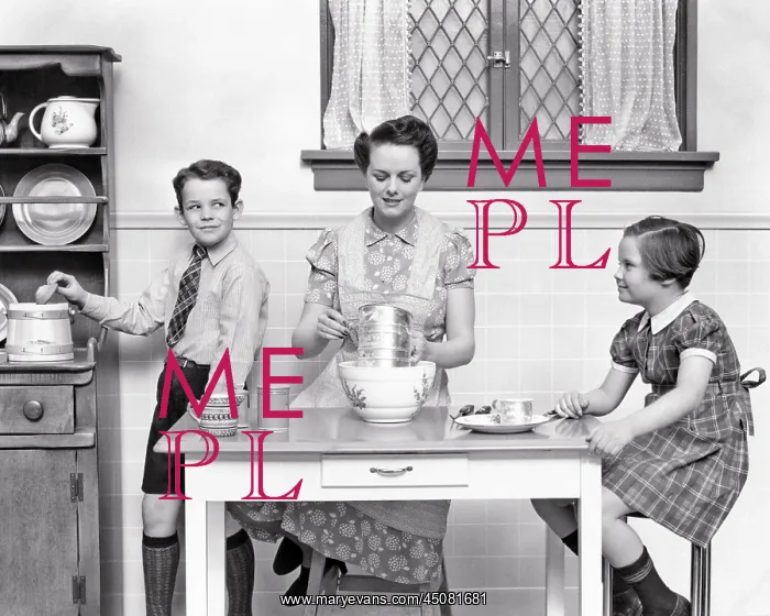 : Daughter Watching Mother Sifting Flour at Kitchen Table : Daughter Watching Mother Sifting Flour at Kitchen Table