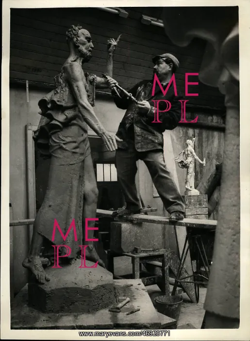 : David McFall, sculptor, working on statue, London : David McFall, sculptor, working on statue, London