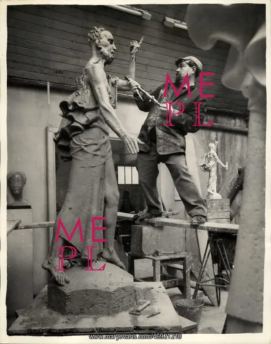 : David McFall, sculptor, working on statue, London : David McFall, sculptor, working on statue, London