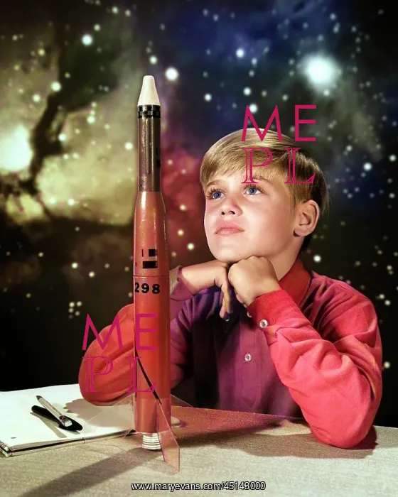 : Day Dreaming Boy with Model Rocket and Outer Space : Day Dreaming Boy with Model Rocket and Outer Space
