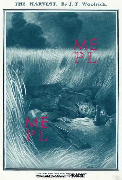 : A dead German, lying symbolically in a field of wheat : A dead German, lying symbolically in a field of wheat