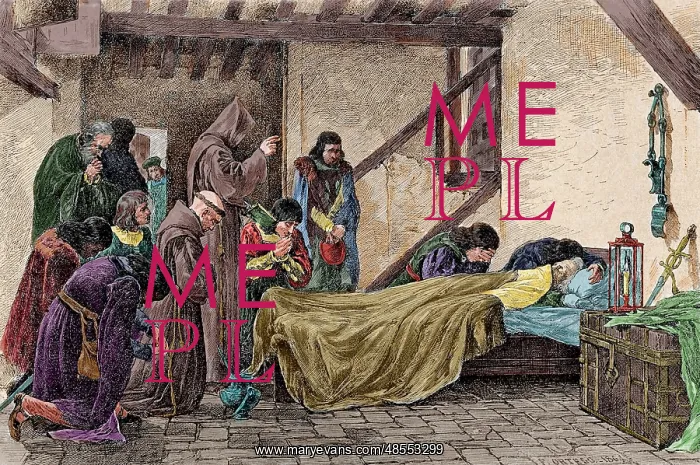 : Death of Christopher Columbus (1451-1506). Colored engraving : Death of Christopher Columbus (1451-1506). Colored engraving